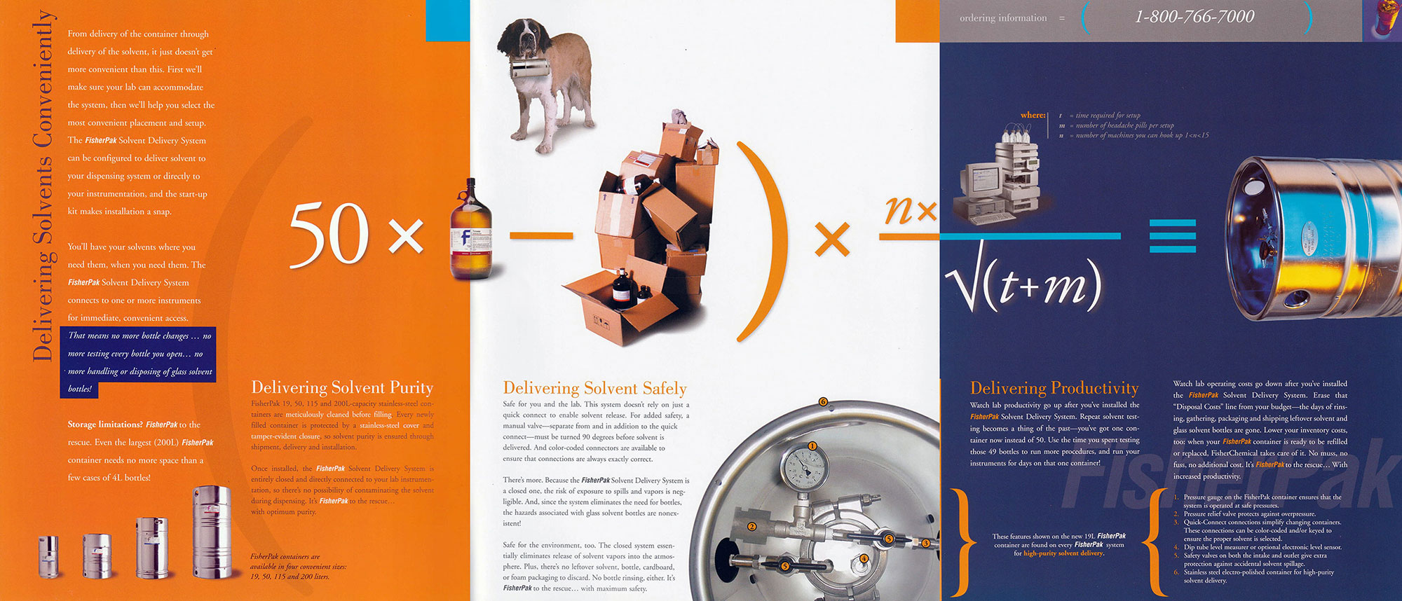 FisherPak Solvents Delivery System brochure inside left and middle and right panels